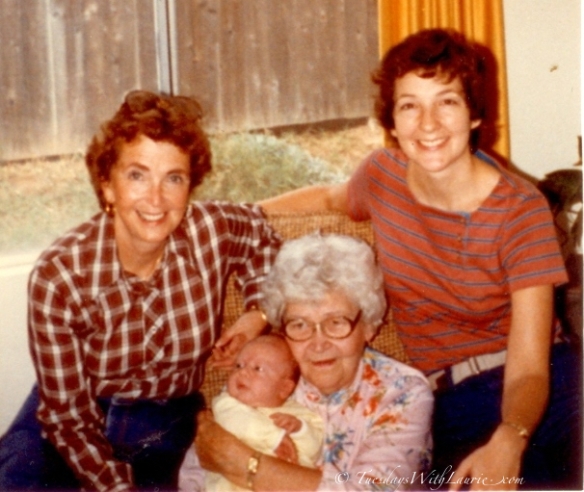 Four Generations: mom (left), maternal grandma (middle), me (right), my son (middle)
